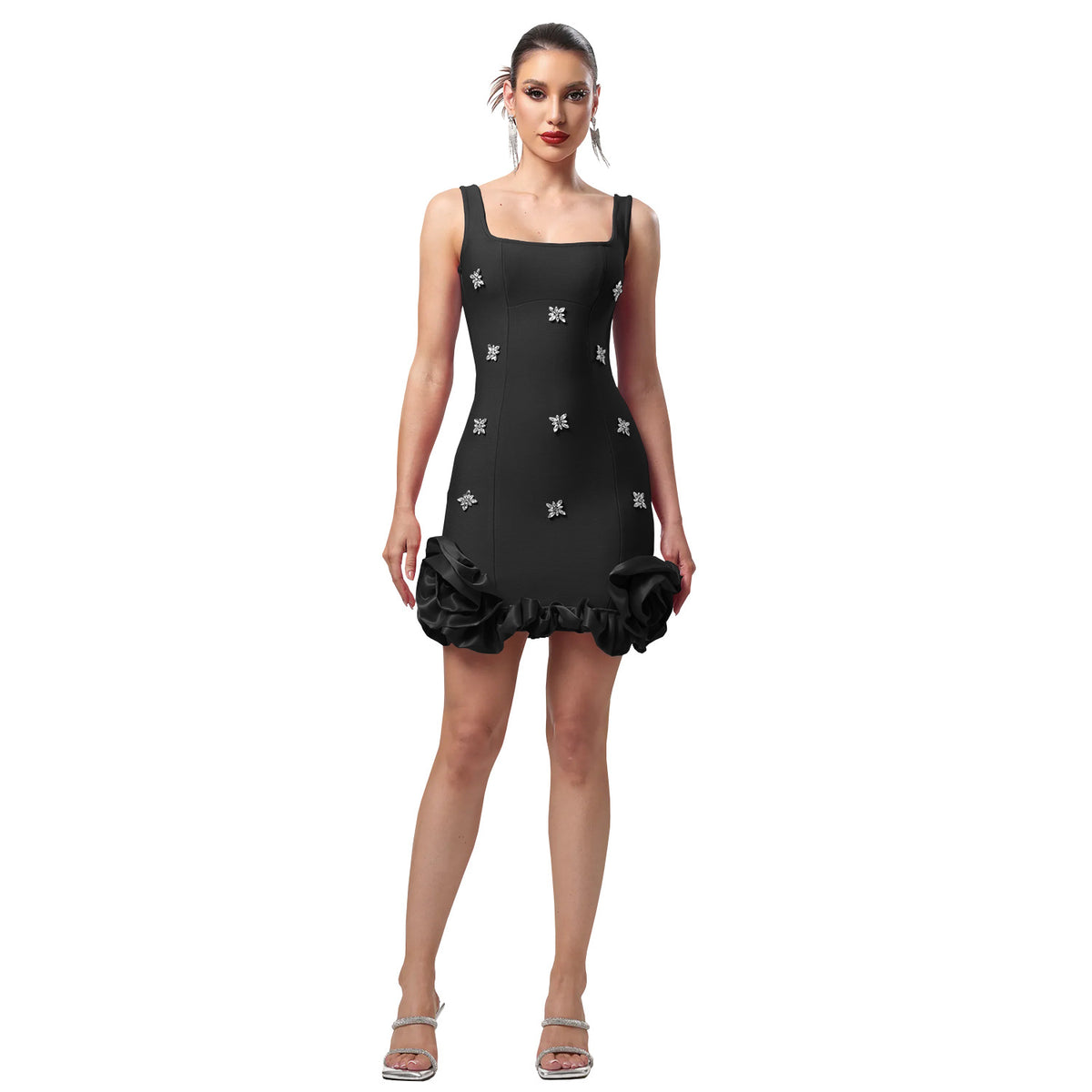Fashionable Women's Elegant Rhinestone Embellished Sleeveless Dress Short Dress