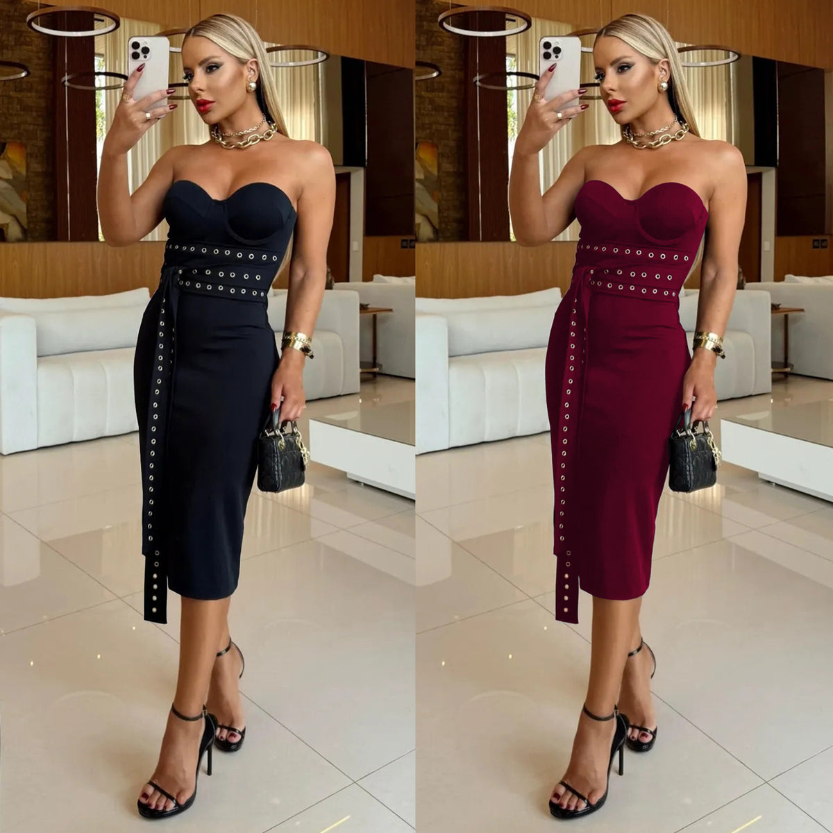 Fashion Women's Sexy Strapless Tie-up Eyelet Fitted Dress