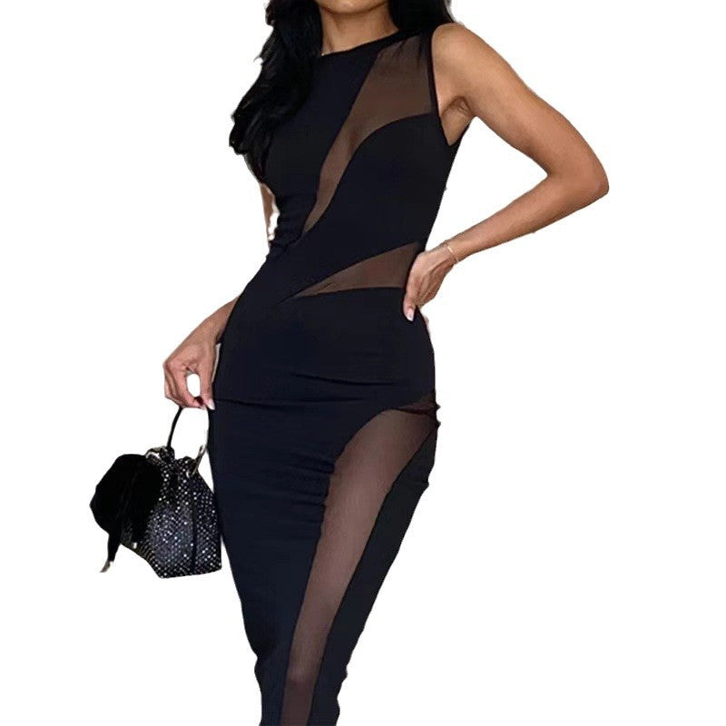 Solid Color Sexy Hollow Mesh Bodycon Round Neck Sleeveless Split Dress