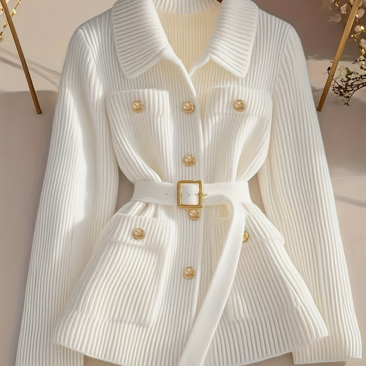 Elegant Casual Solid Color Knit Cardigan with Belt Thickened Women's Sweater Coat