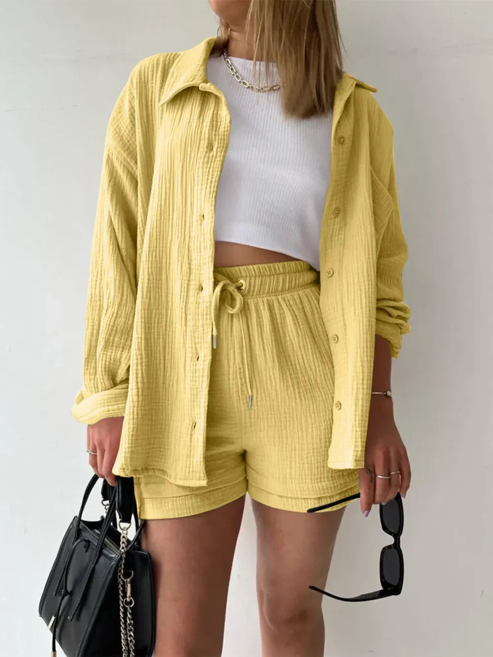 Texture Button Up Shirt and Drawstring Shorts Set - tif-shop24.de