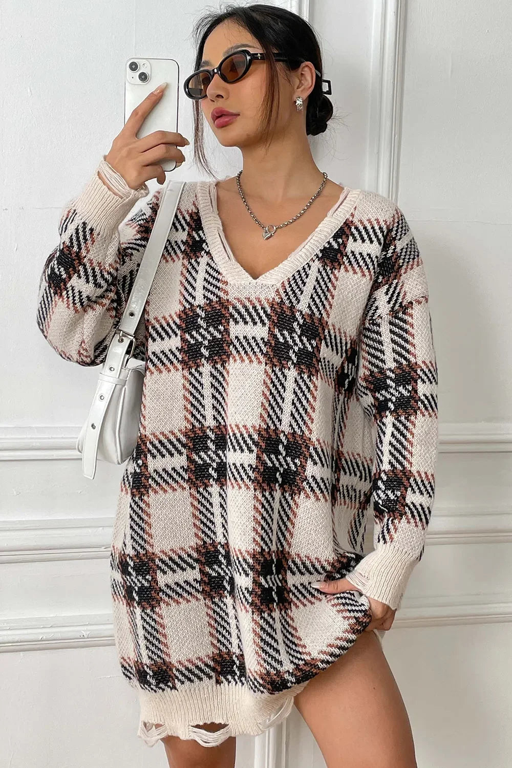 Plaid V-Neck Long Sleeve Sweater Dress - tif-shop24.de
