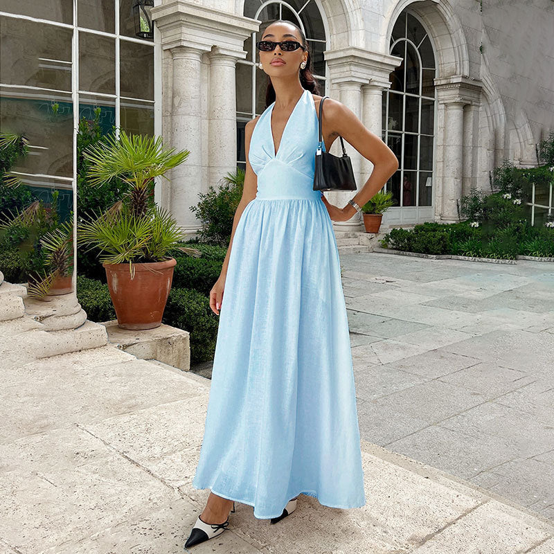 Chic Deep V-Neck Bodice Tie-Back Backless Long Dress for Women