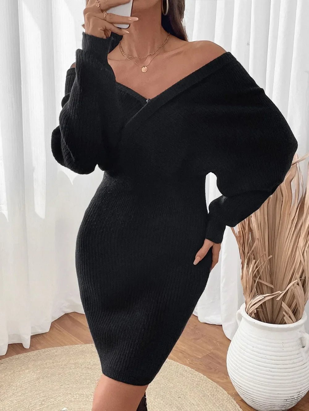 Perfee Surplice Long Sleeve Sweater Dress - tif-shop24.de