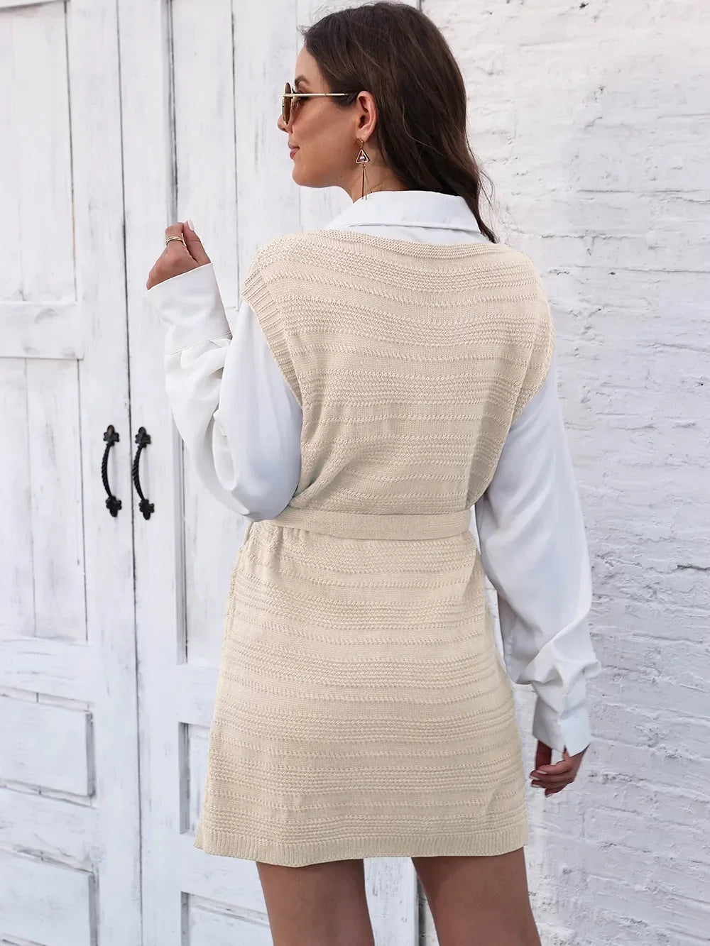 Tie Front V-Neck Sleeveless Slit Sweater Dress - tif-shop24.de