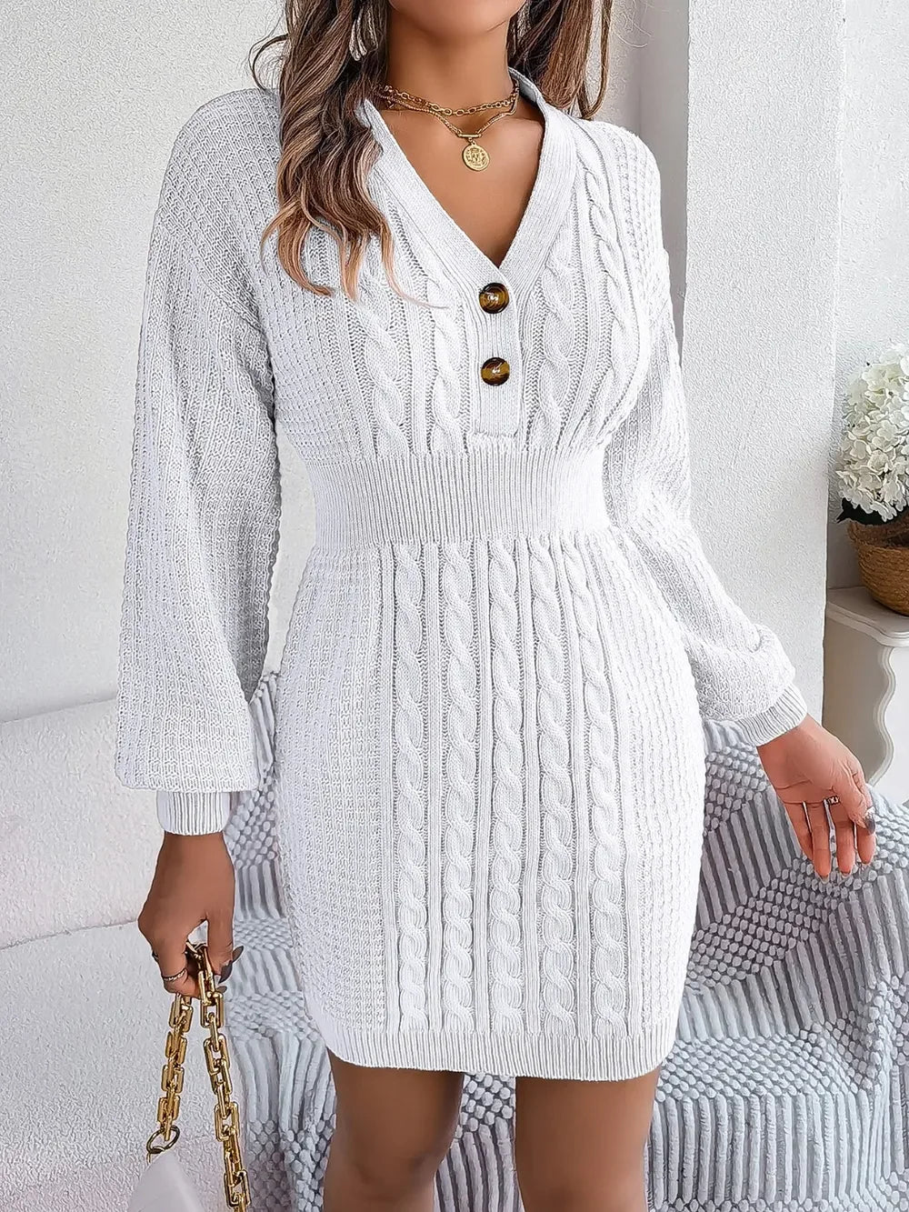 Buttoned Cable-Knit V-Neck Sweater Dress - tif-shop24.de