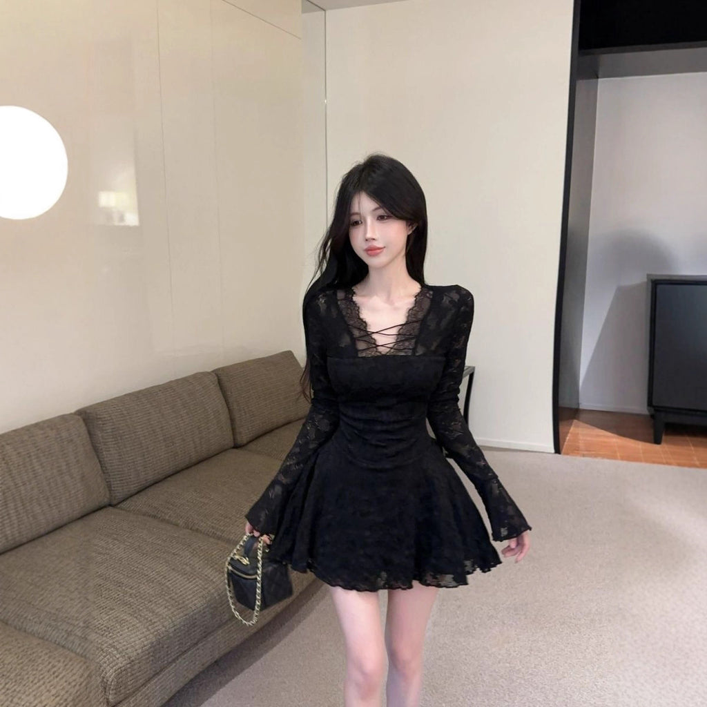 Pure Seductive Black Lace Dress for Women, Autumn Fitted Slim Long Sleeve Mini Dress