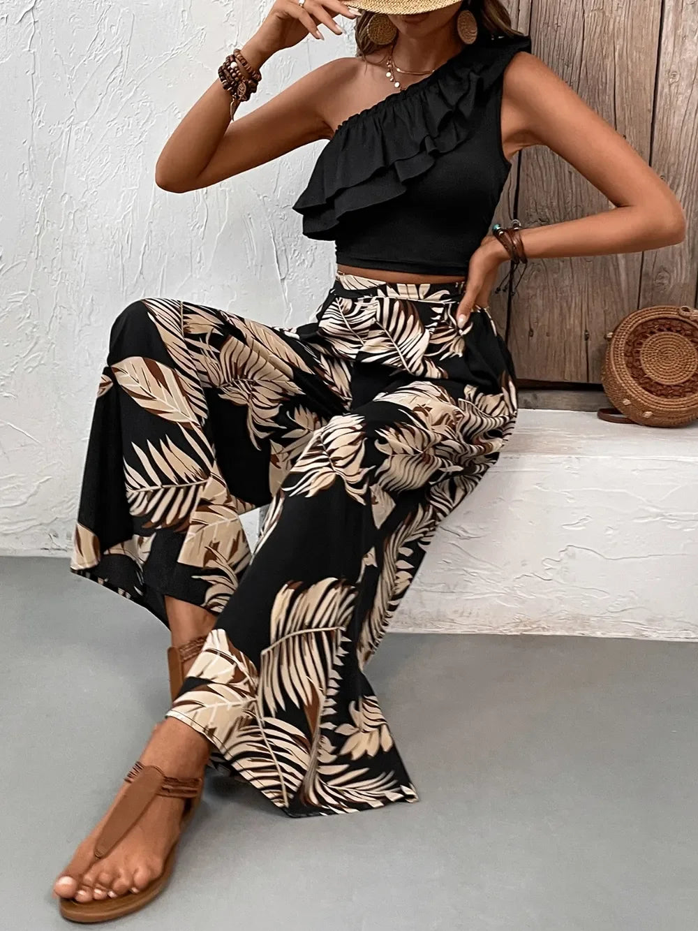 Honey Ruffled Sleeveless Top and Printed Pants Set - tif-shop24.de