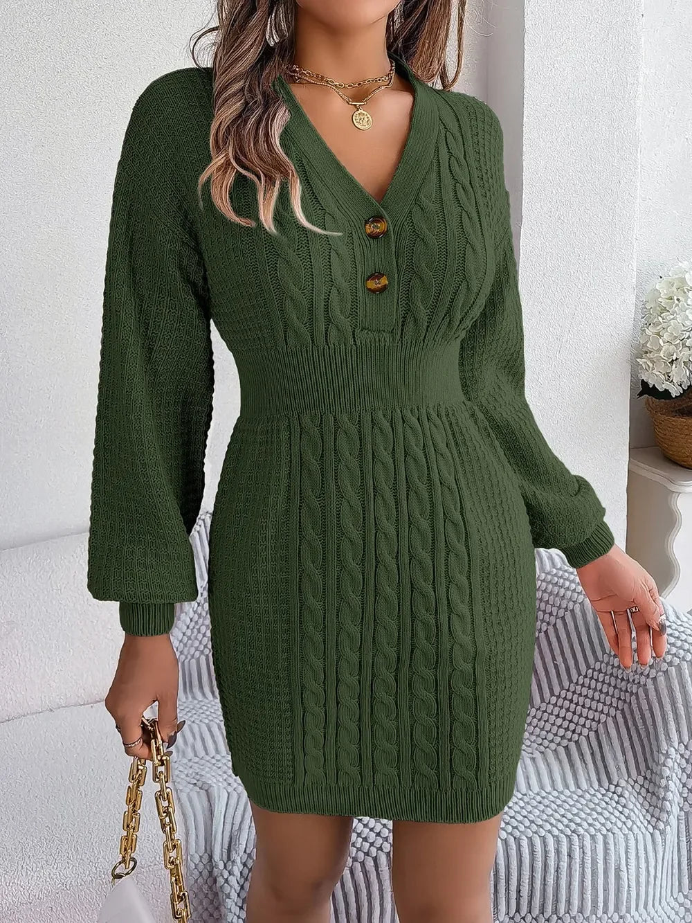 Buttoned Cable-Knit V-Neck Sweater Dress - tif-shop24.de