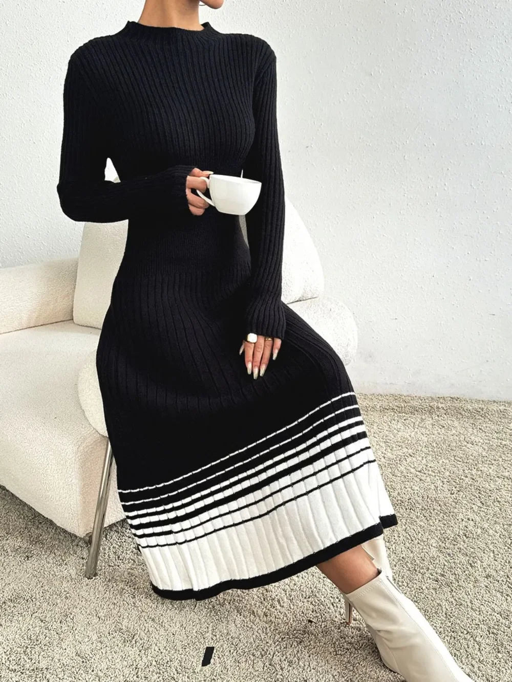 Contrast Mock Neck Long Sleeve Sweater Dress - tif-shop24.de