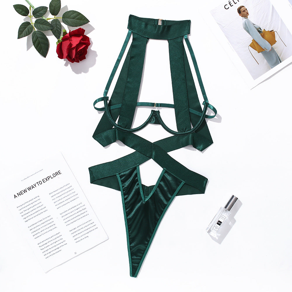 elegantes women's rope and hollow hanging neck jumpsuit lingerie in Dunkelgrün, ideal für besondere Anlässe