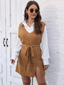Tie Front V-Neck Sleeveless Slit Sweater Dress - tif-shop24.de