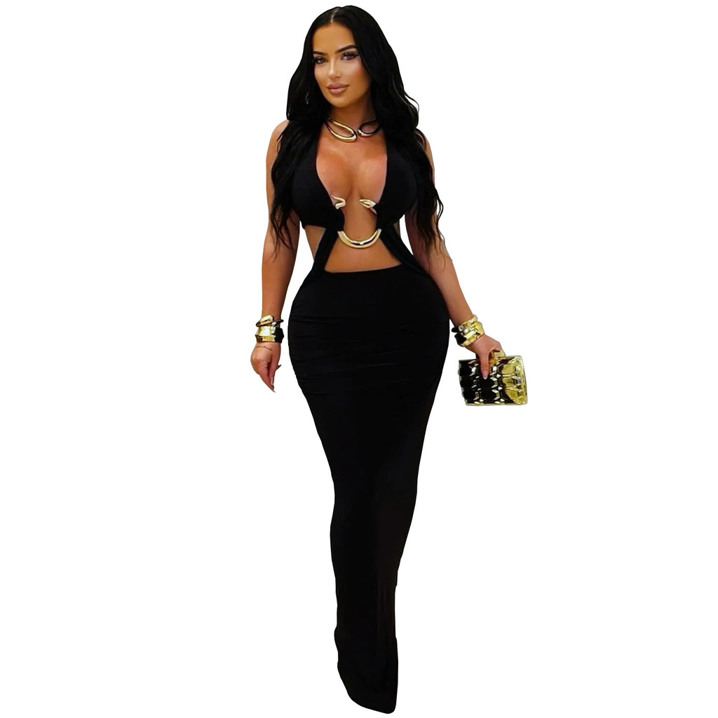 Fashionable Women's Sexy Fitted Solid Color Tie-Up Sleeveless Dress
