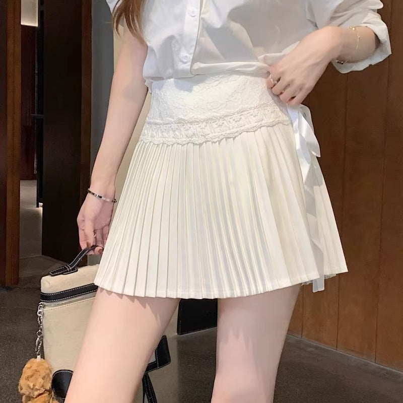 Lace Trim Skirt Women High Waist Pleated Skirt White Mini Skirt Ballet Style Pleated Skirt