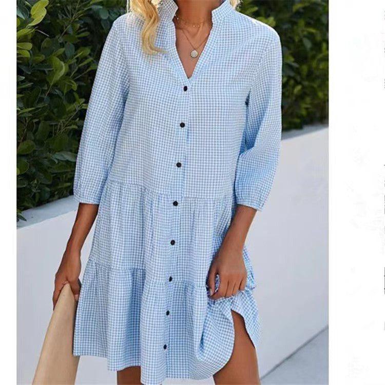 Chic  Style Plaid Stand Collar Sleeveless Open Front Loose Dress