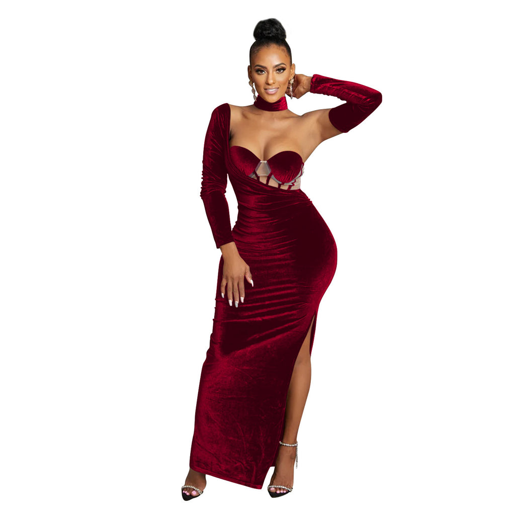 Fashion Women's Solid Color Strapless Gloves Dress Long Dress