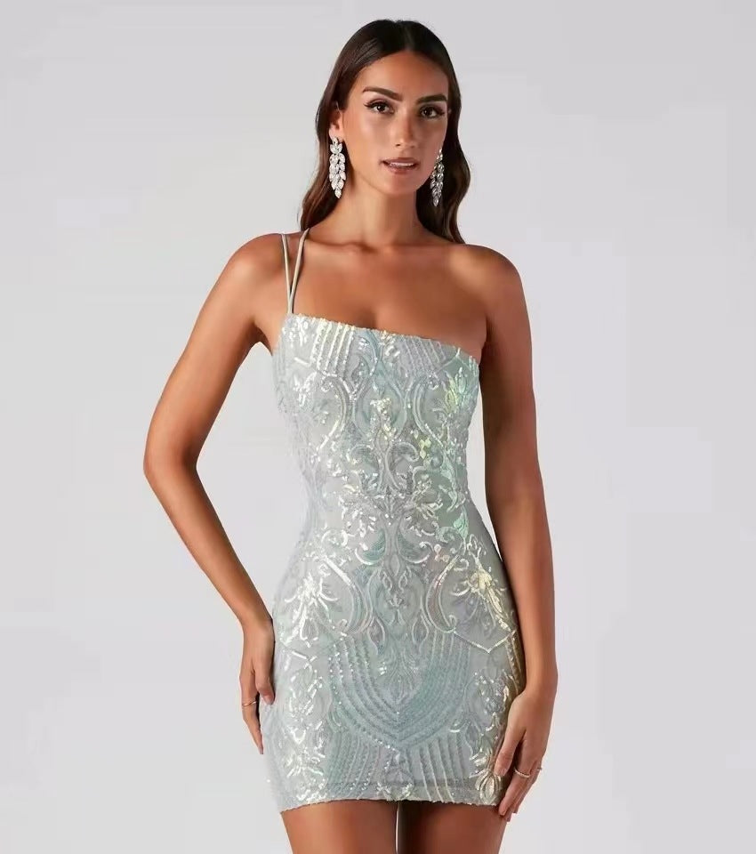 Strapless Beaded Sexy Fitted Dress in metallic blue with intricate beading, perfect for elegant occasions.