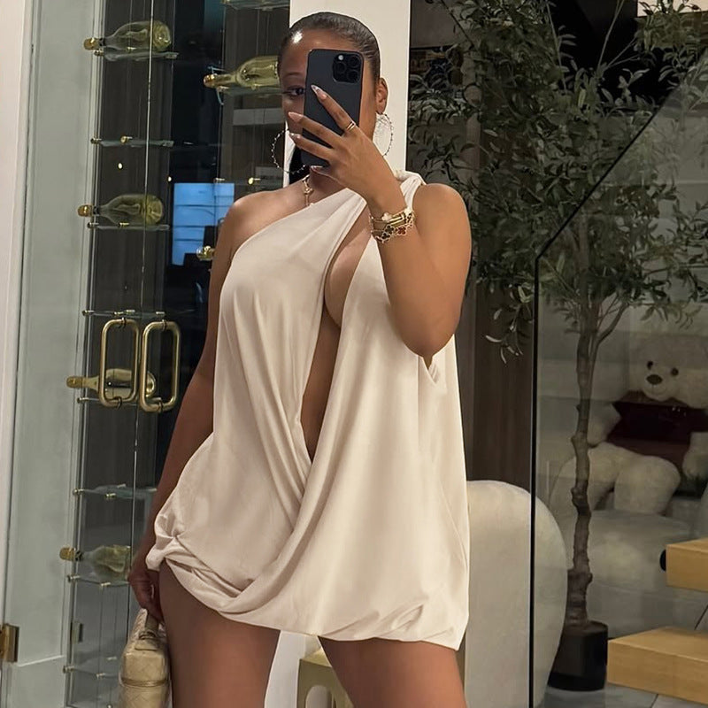 Elegant Solid Color Fashion Top with Hollow-out Design Sexy Wide U-Neck Sleeveless Women's Top