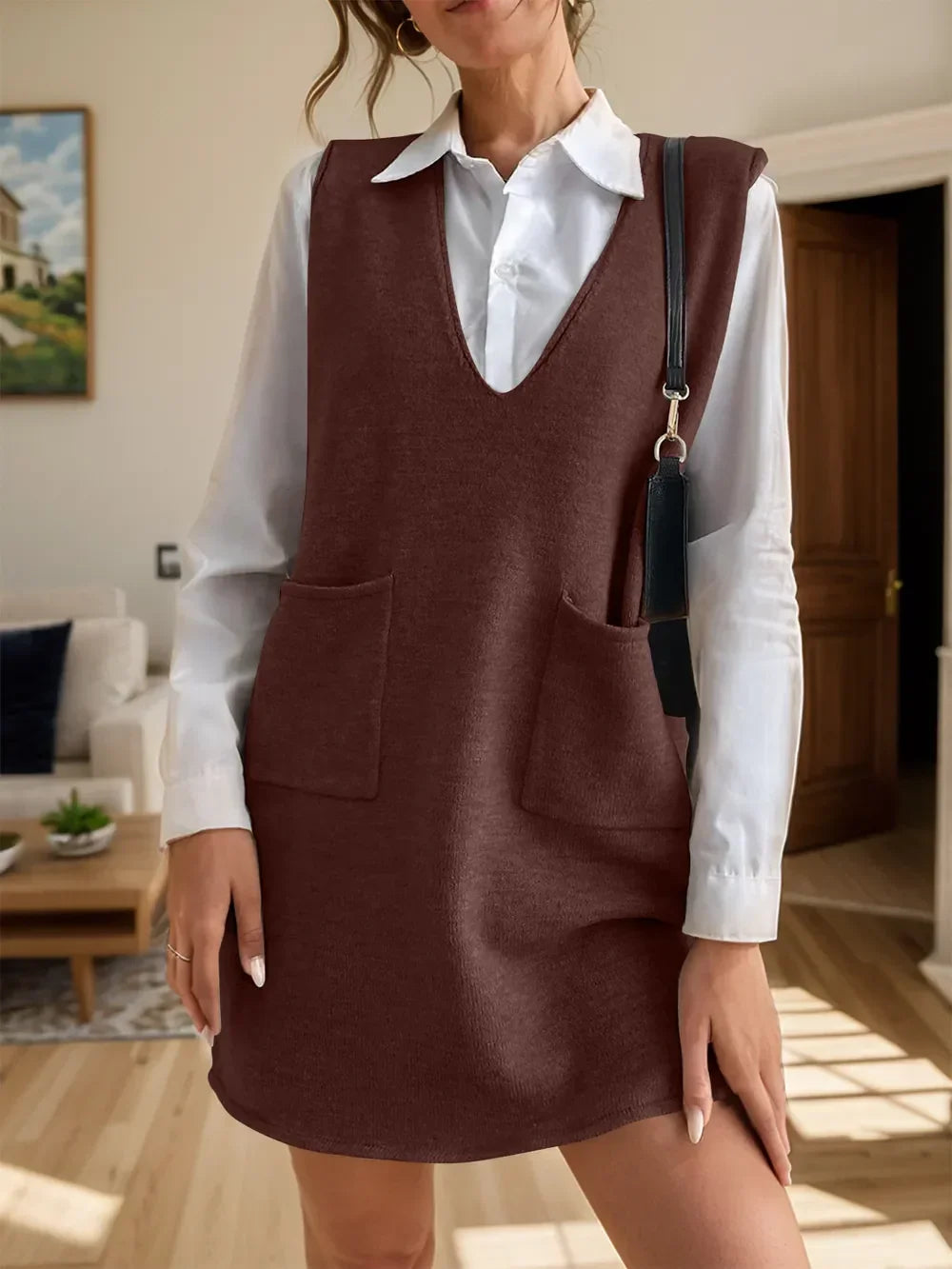 V-Neck Sleeveless Sweater Dress with Pockets - tif-shop24.de