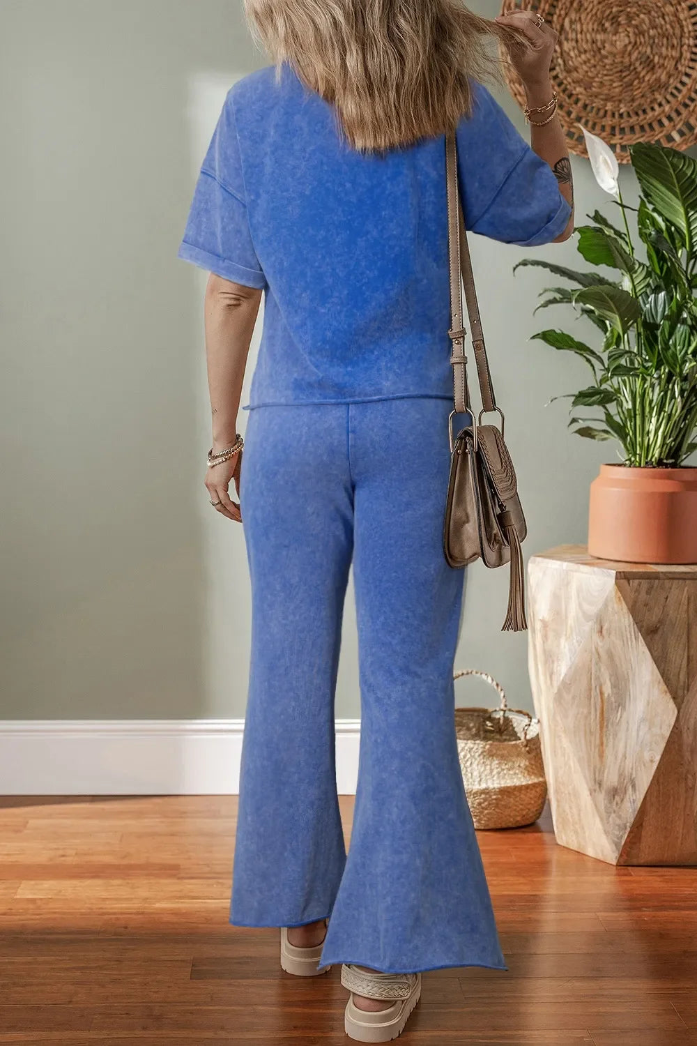 Acid Wash Star Patched Rolled Trim Top and Pants Set - tif-shop24.de