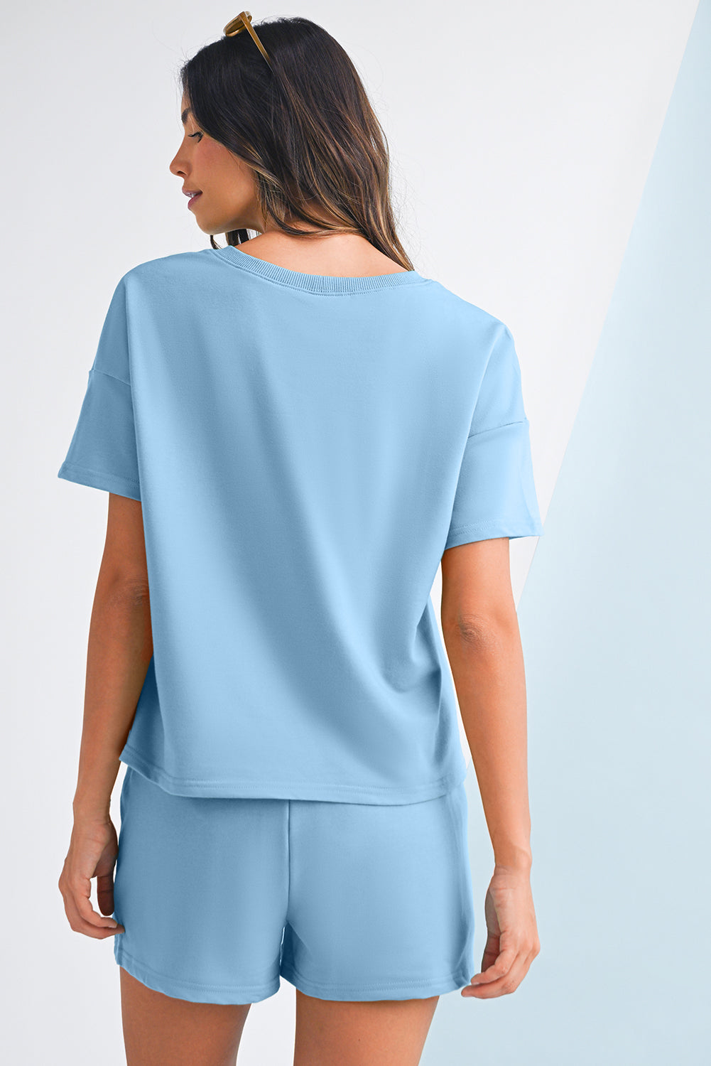 Myosotis V Neck Drop Shoulder Tee and Patchwork Shorts Set