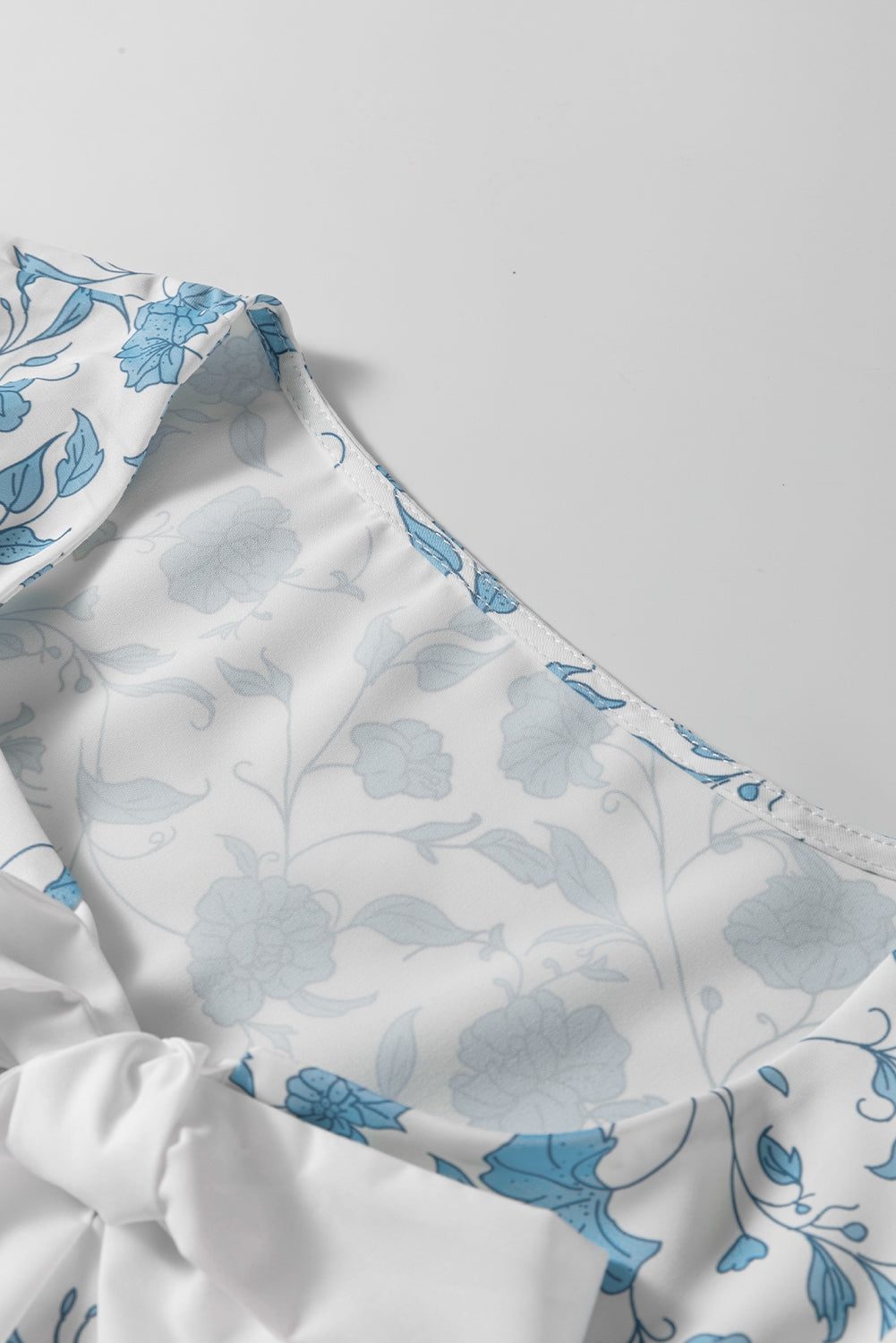 Sky Blue Floral Bow Front Puff Sleeve Mini Dress