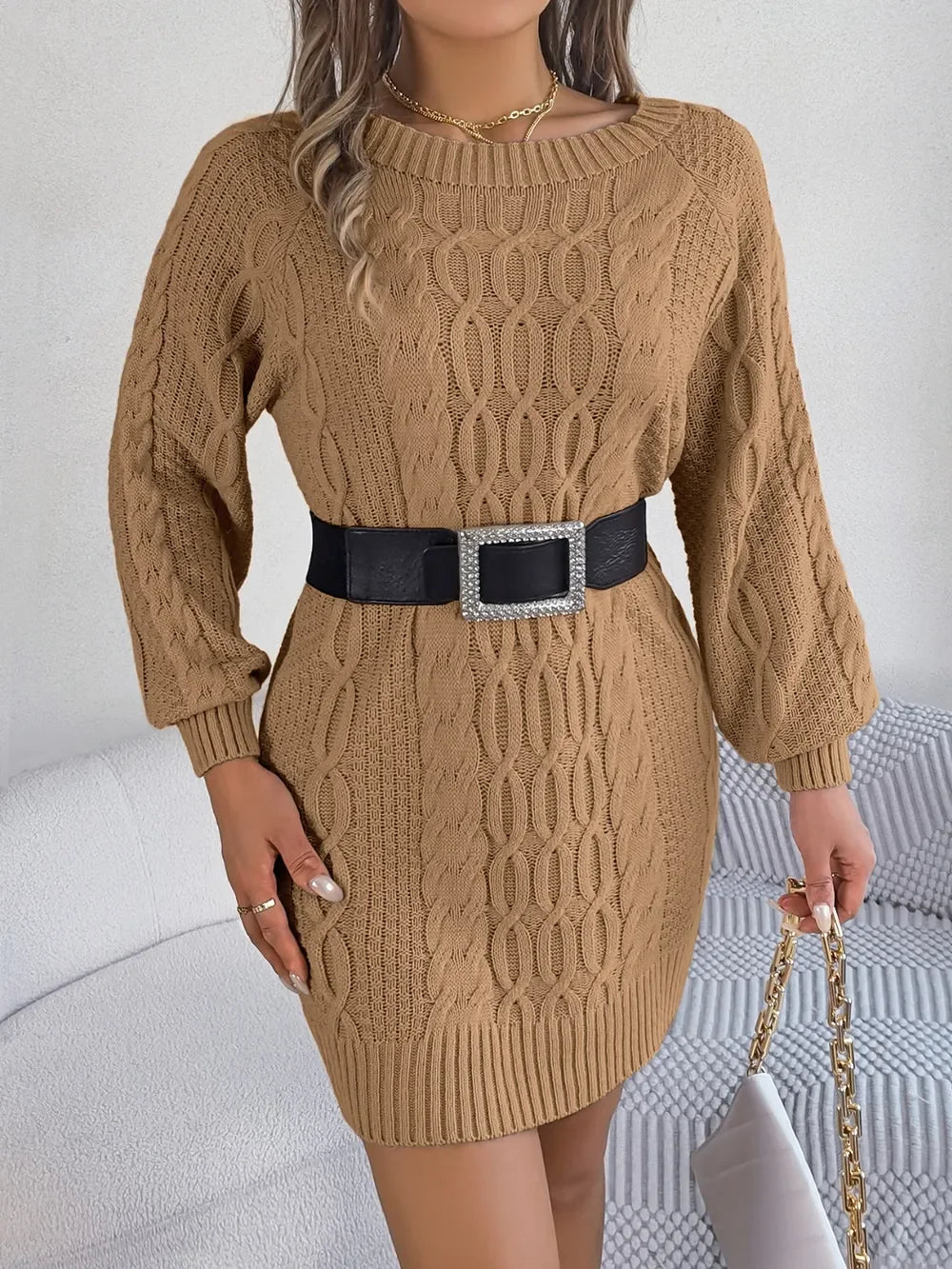 Cable-Knit Round Neck Sweater Dress - tif-shop24.de
