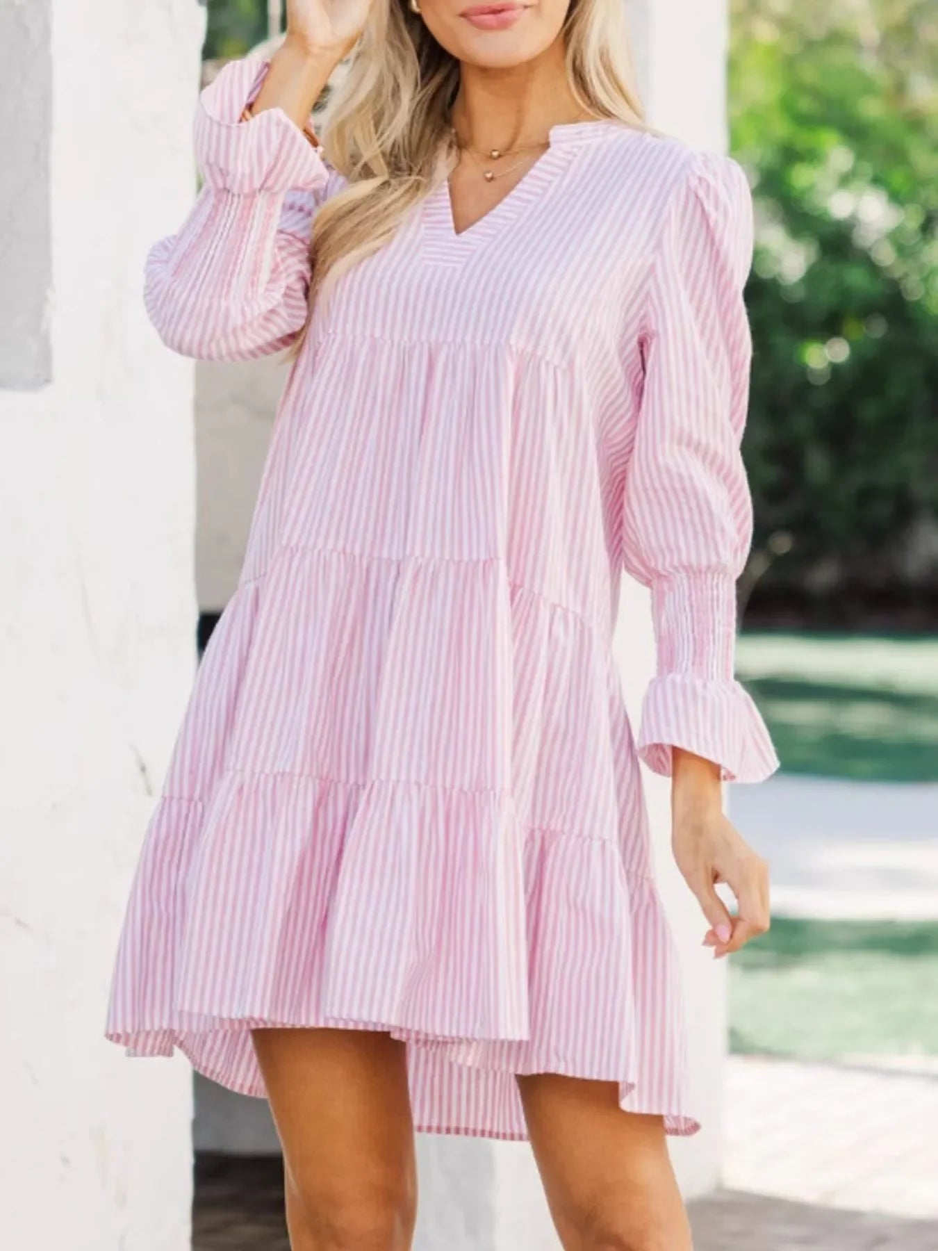 Striped Tiered Flounce Sleeve Shirt Dress - tif-shop24.de