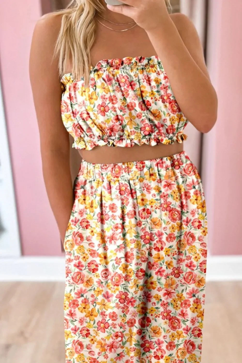 Boho Floral Bandeau Top and High Waist Wide Leg Pants Set - tif-shop24.de