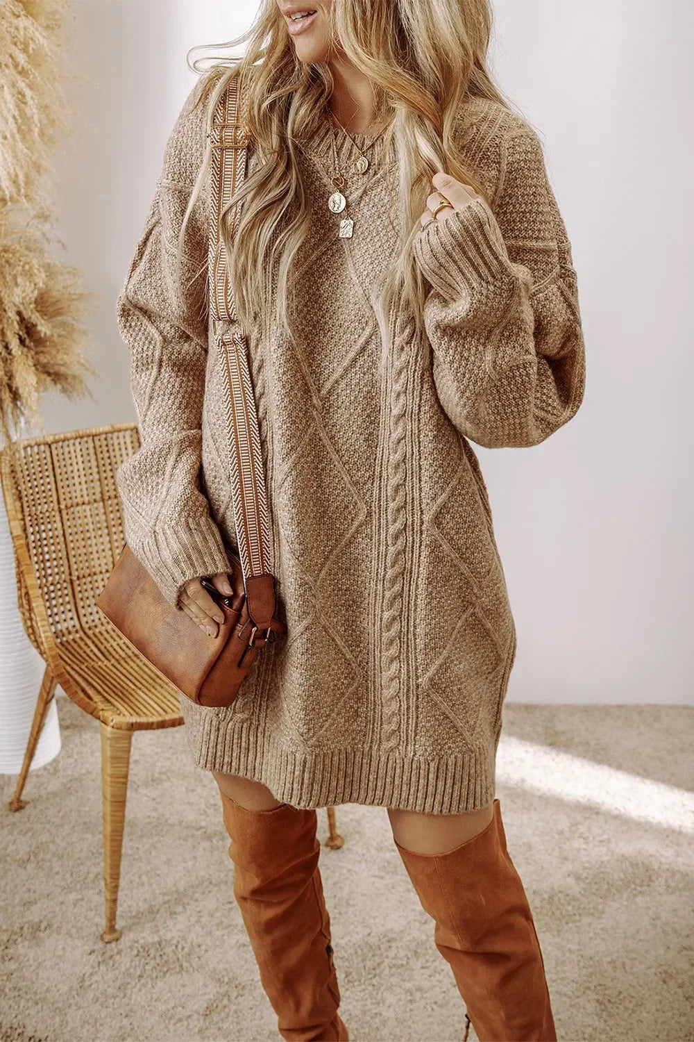 Cable-Knit Round Neck Sweater Dress - tif-shop24.de
