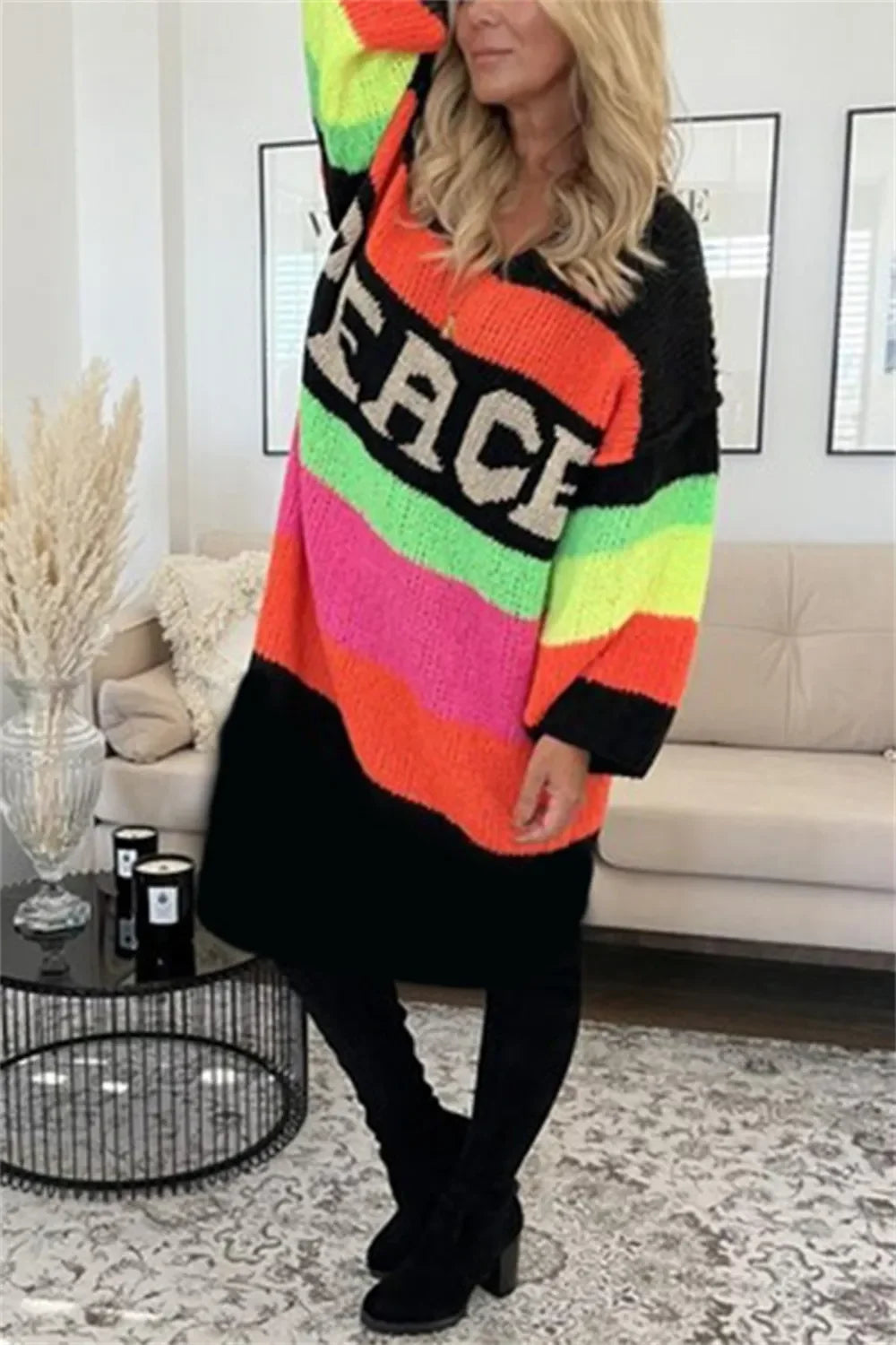 Color Block V-Neck Long Sleeve Sweater Dress - tif-shop24.de