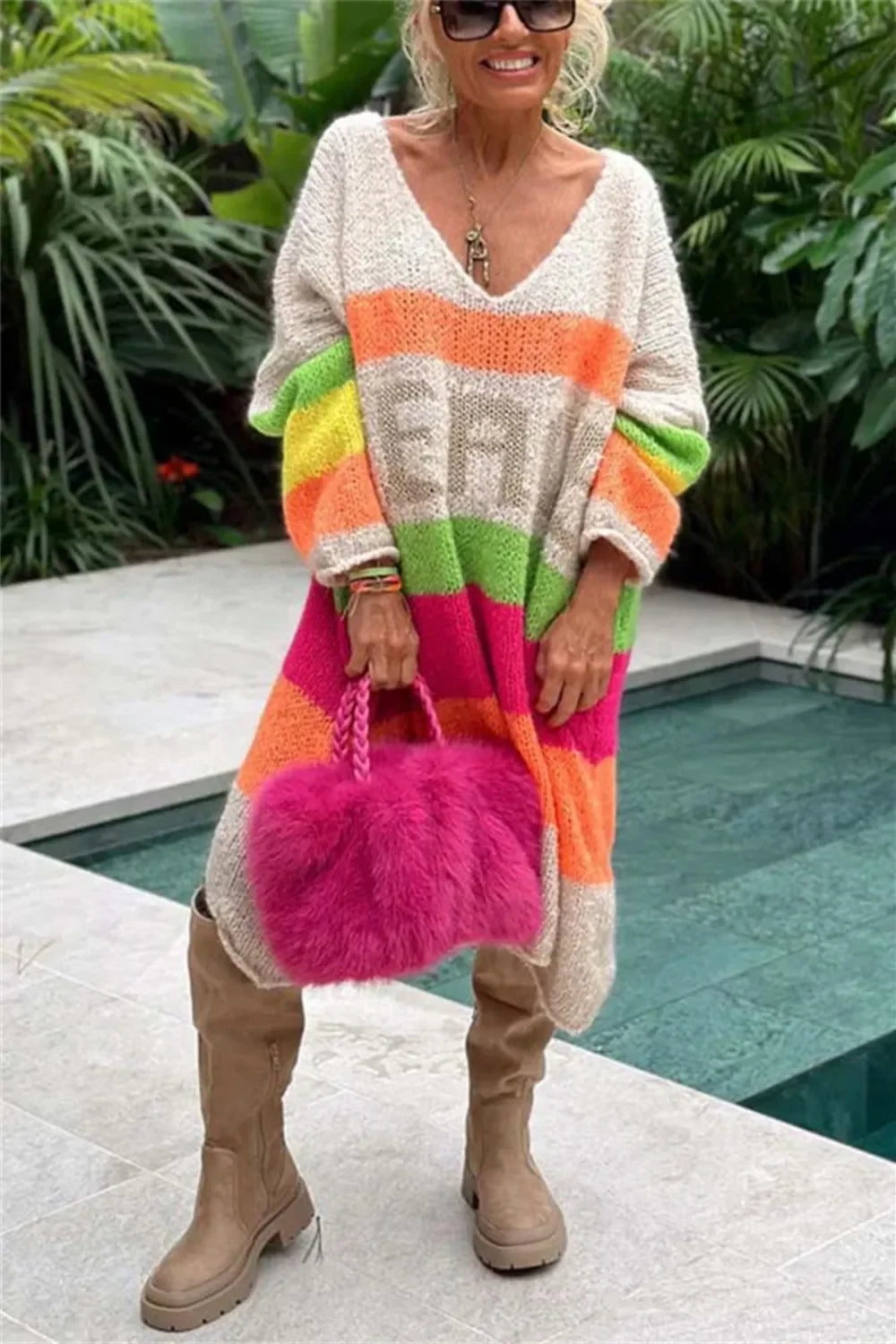 Color Block V-Neck Long Sleeve Sweater Dress - tif-shop24.de