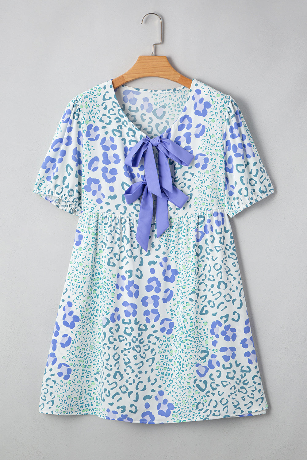 Sky Blue Leopard Bow Front Puff Sleeve Mini Dress