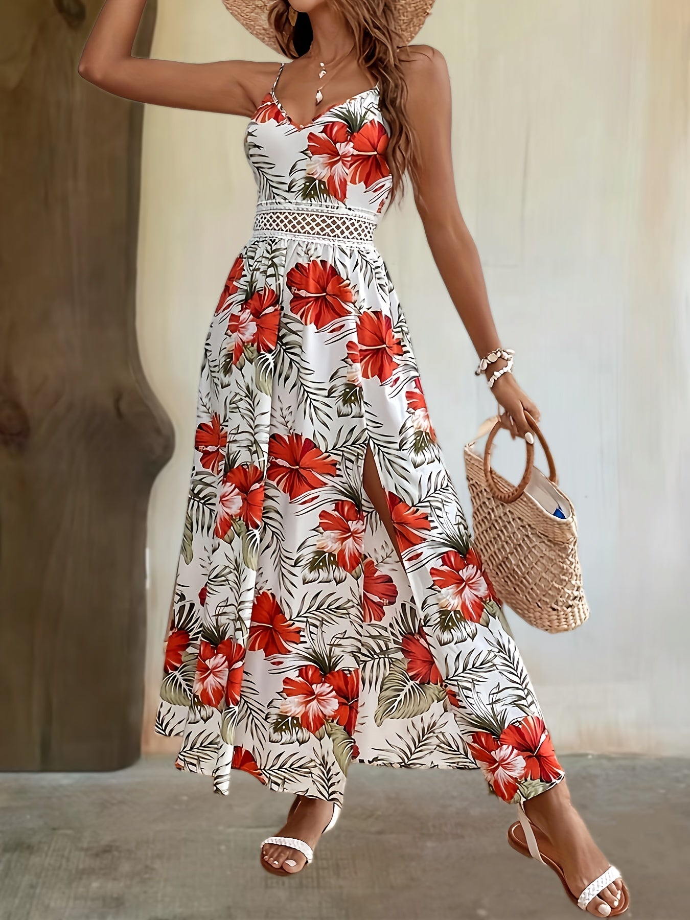 Kleid Mit Blumendruck Und Geteiltem Saum Elegantes Ärmelloses Cami-Kleid