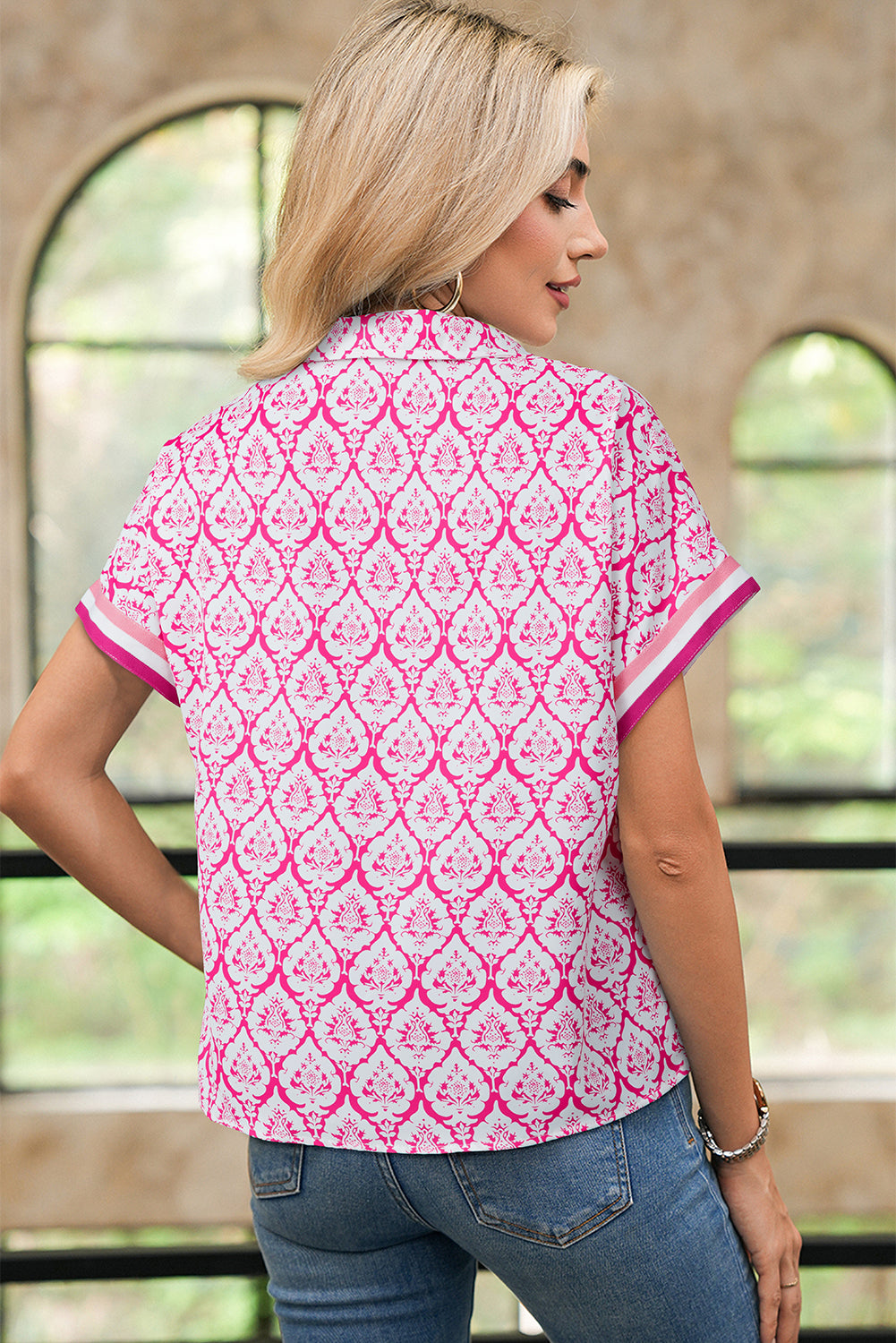 Pink Colorblock Striped Collar Bohemian Print Blouse