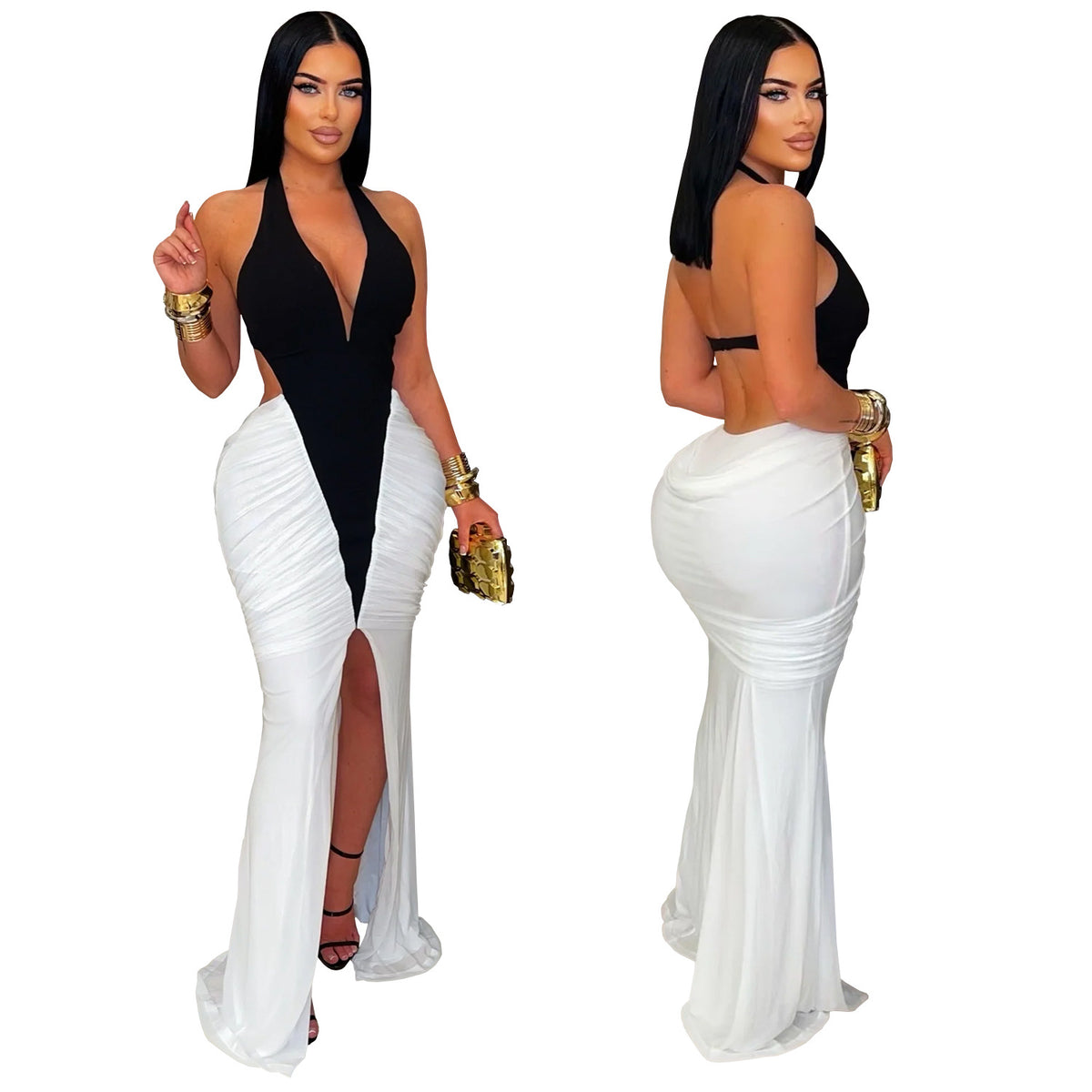 Fashionable Women's Sexy V-Neck Sleeveless Backless Split Dress