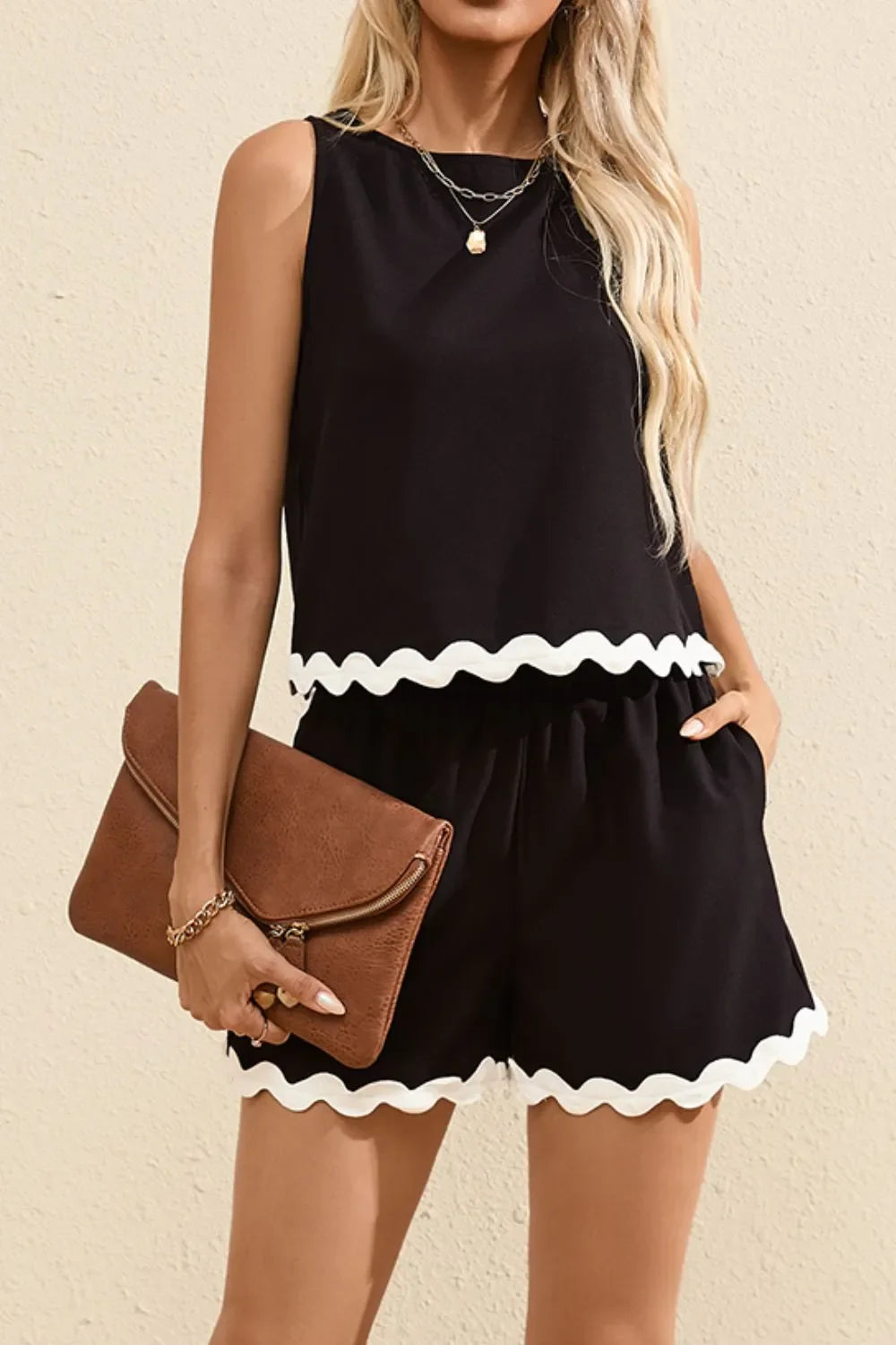 Ricrac Trim Tank Top and Elastic Waist Shorts Set - tif-shop24.de