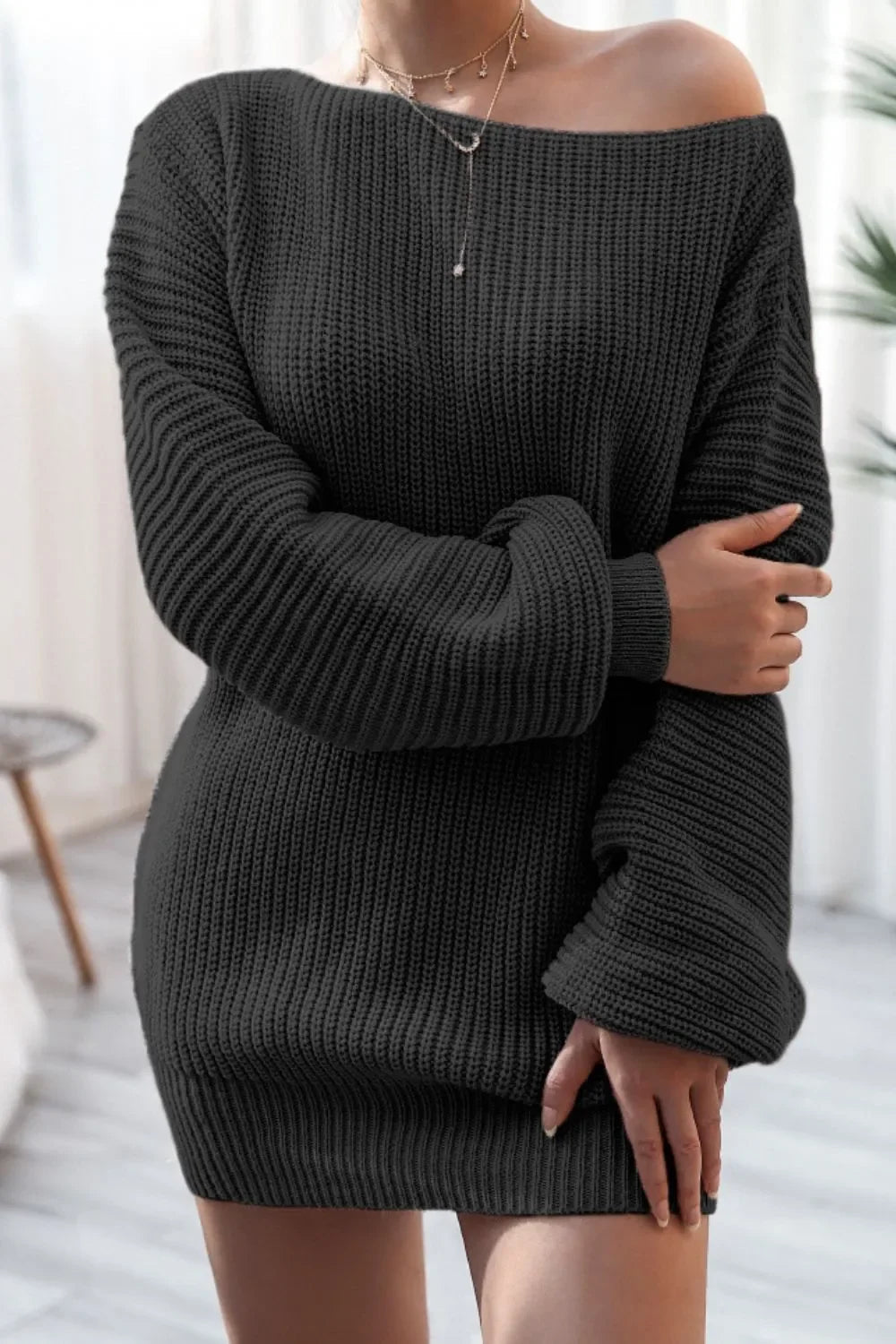 Boat Neck Long Sleeve Mini Sweater Dress - tif-shop24.de