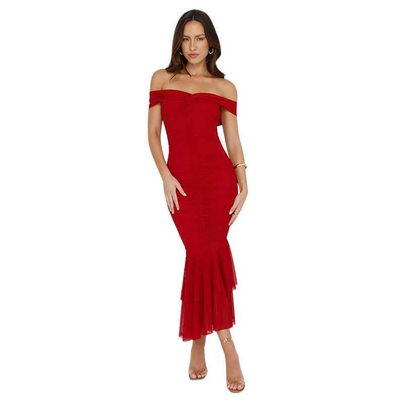 One shoulder double-layer fish tail hem women's pleated dress - tif-shop24.de