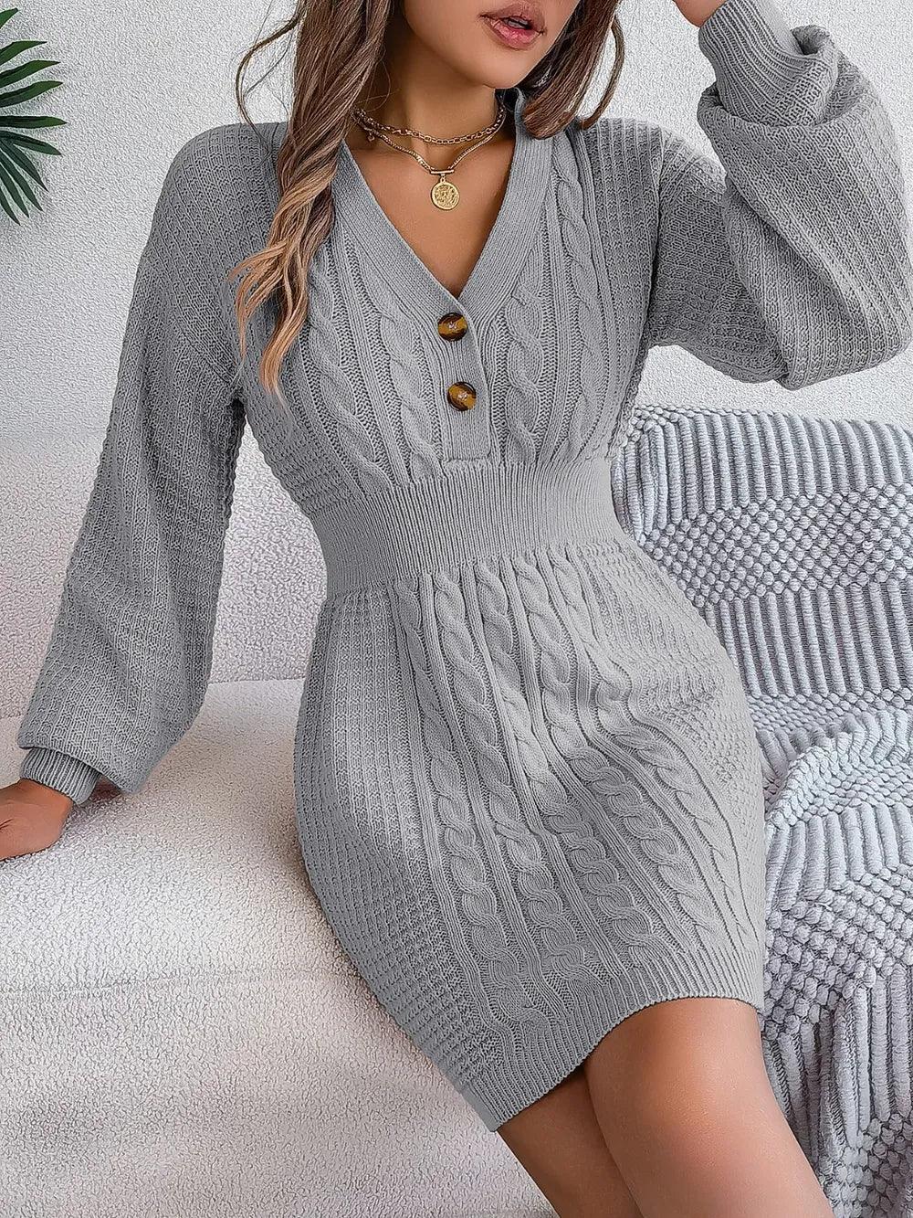 Buttoned Cable-Knit V-Neck Sweater Dress - tif-shop24.de