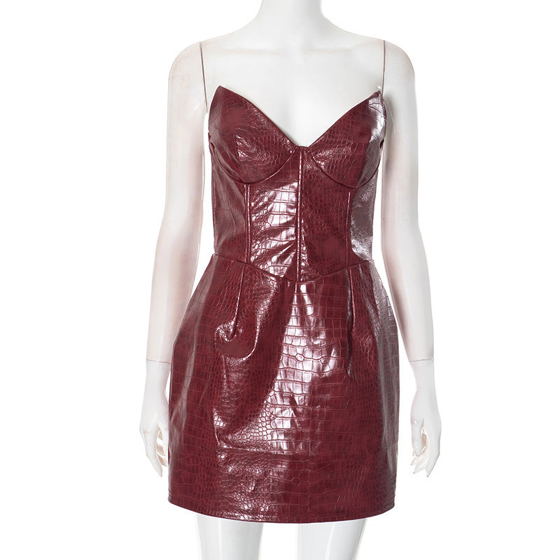 Sexy Fashion Crocodile Pattern Faux Leather Strapless Dress for Women