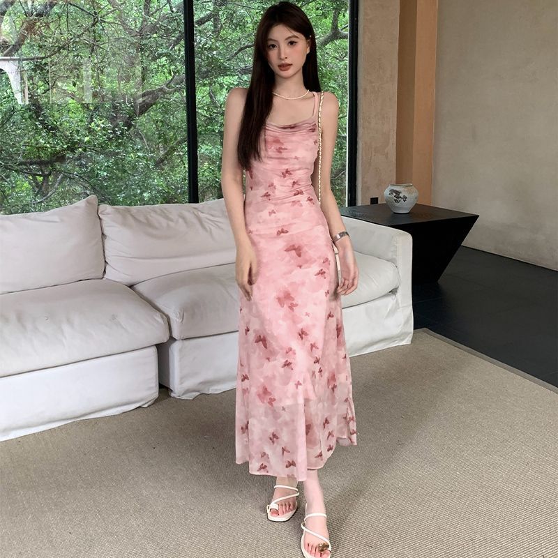 Pink Fairy-Like Butterfly Mesh Dress with Print, Swing Neckline, Strap, Printed Bow, Sweet and Romantic Mid-Length Dress
