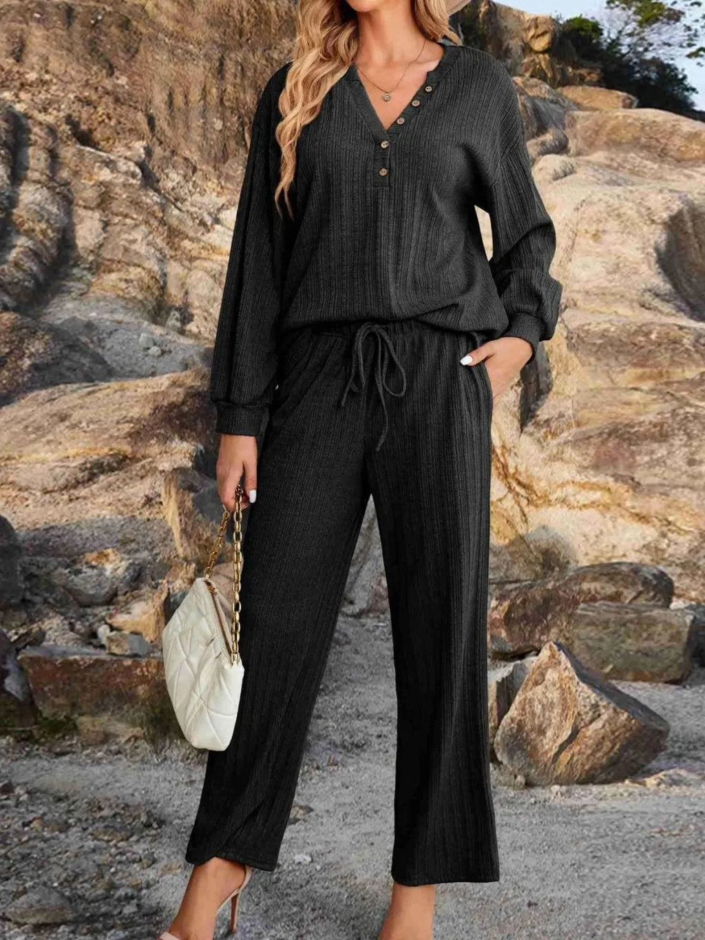 Ribbed Knit Top and Pants Lounge Set with Button Detail - tif-shop24.de