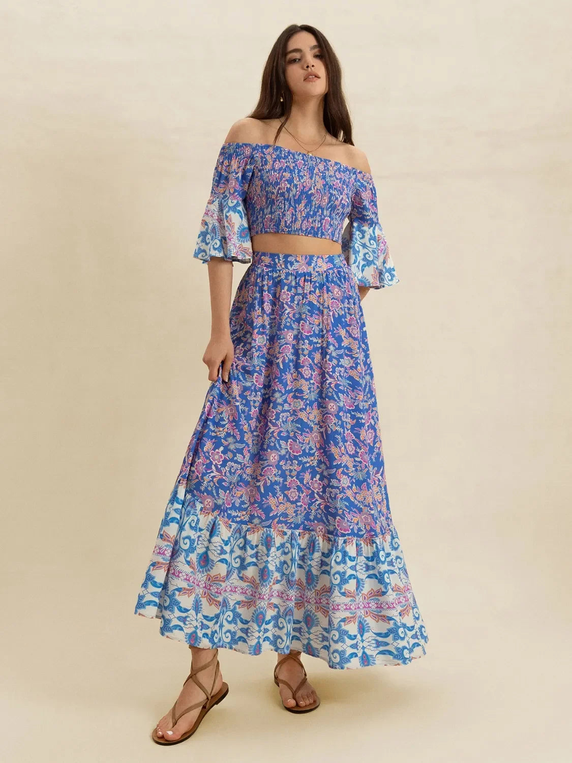Smocked Off-Shoulder Printed Top and Skirt Set - tif-shop24.de