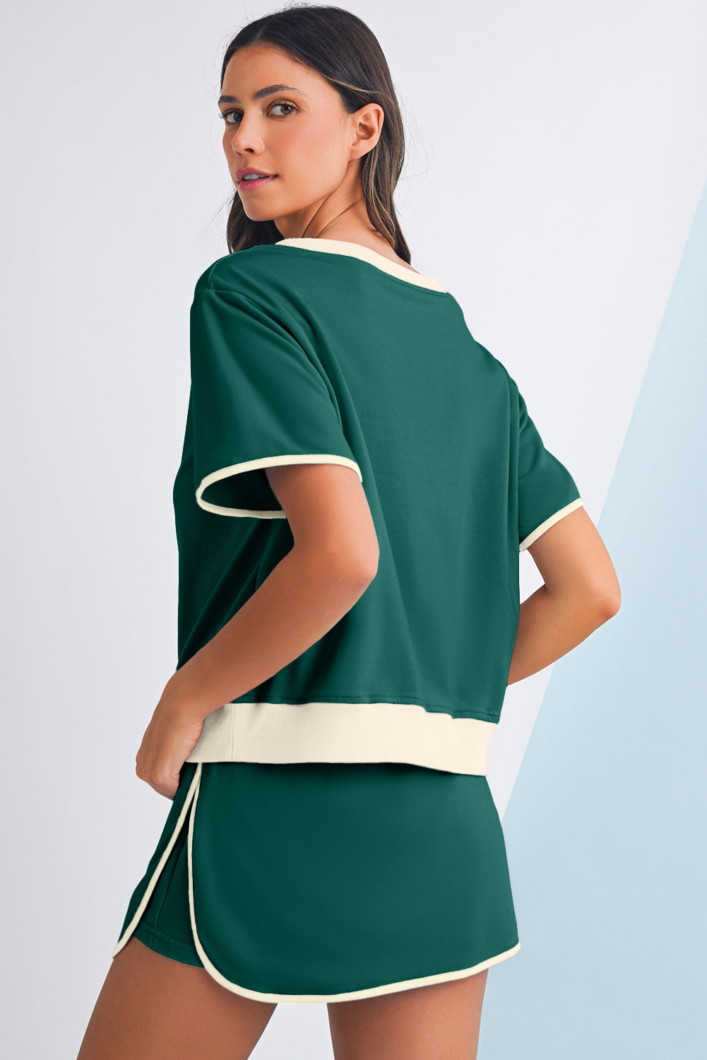 Evergreen Colorblock Edge Drop Shoulder T Shirt and Skort 2Pcs Set
