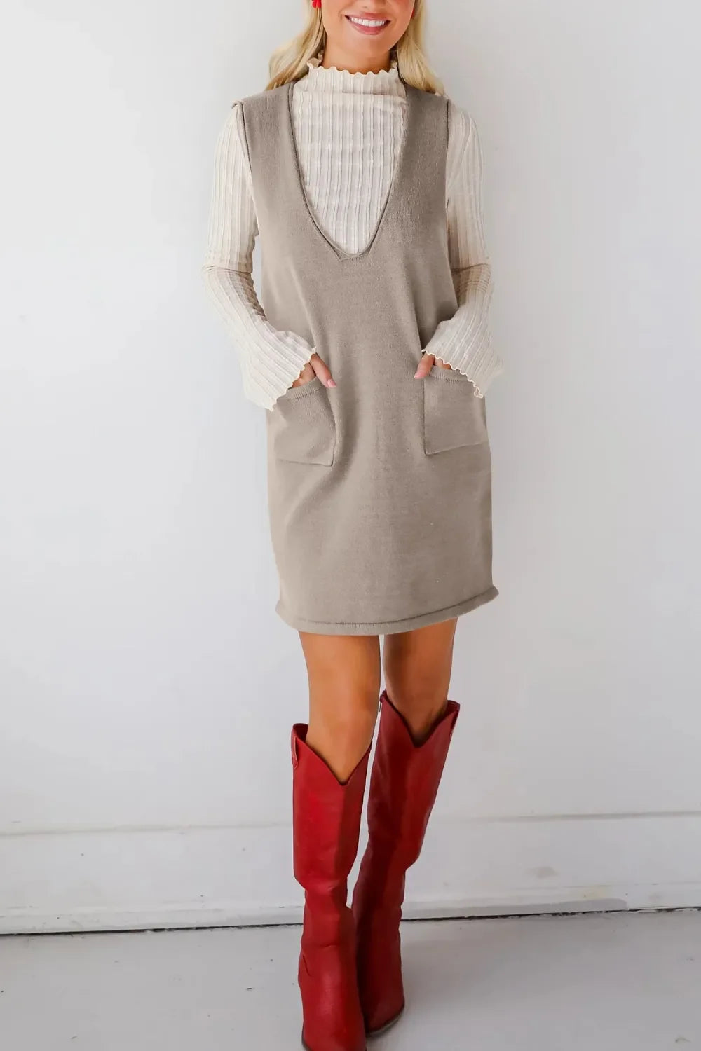 Lovelet Pocketed V-Neck Mini Sweater Overall Dress - tif-shop24.de