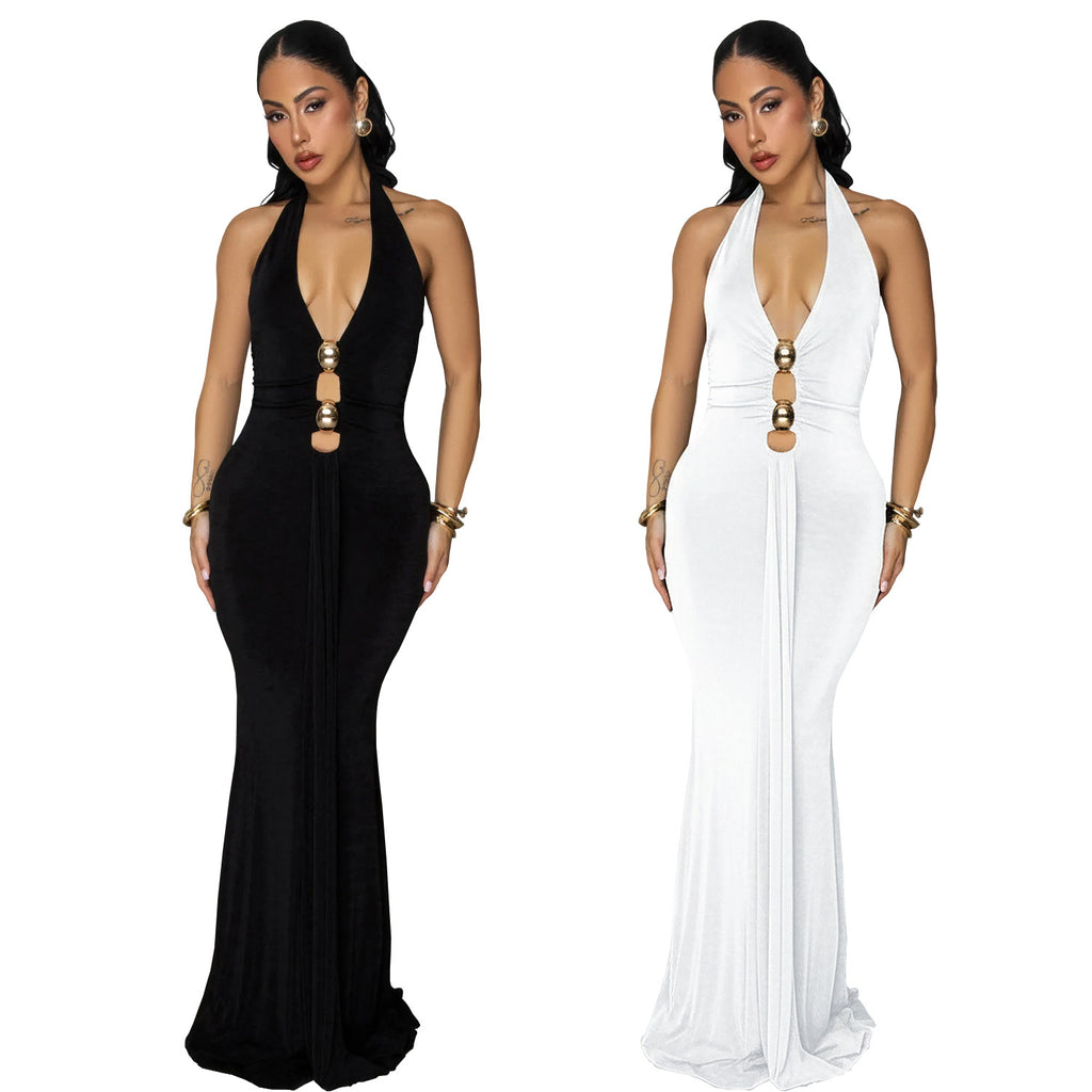 Fashion Women's Sexy Backless Halter Deep V Neck Solid Color Dress