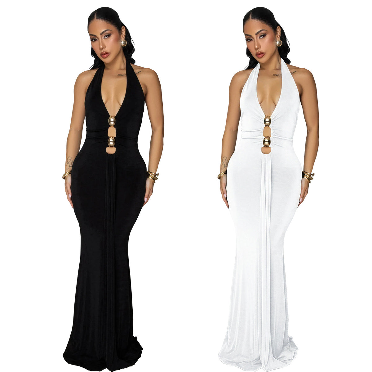 Fashion Women's Sexy Backless Halter Deep V Neck Solid Color Dress