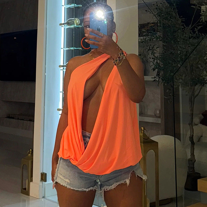 Elegant Solid Color Fashion Top with Hollow-out Design Sexy Wide U-Neck Sleeveless Women's Top