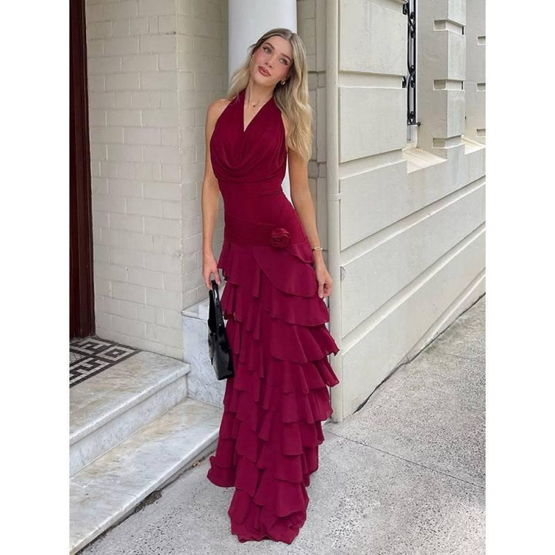 V-neck pleated ruffle hem waist cinching sexy dress - tif-shop24.de